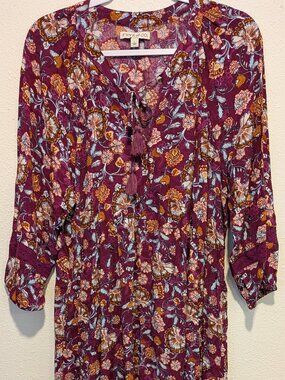 Frye & Co Large Floral Maroon Button Tie Neck Long Sleeve BOHO Midi Dress